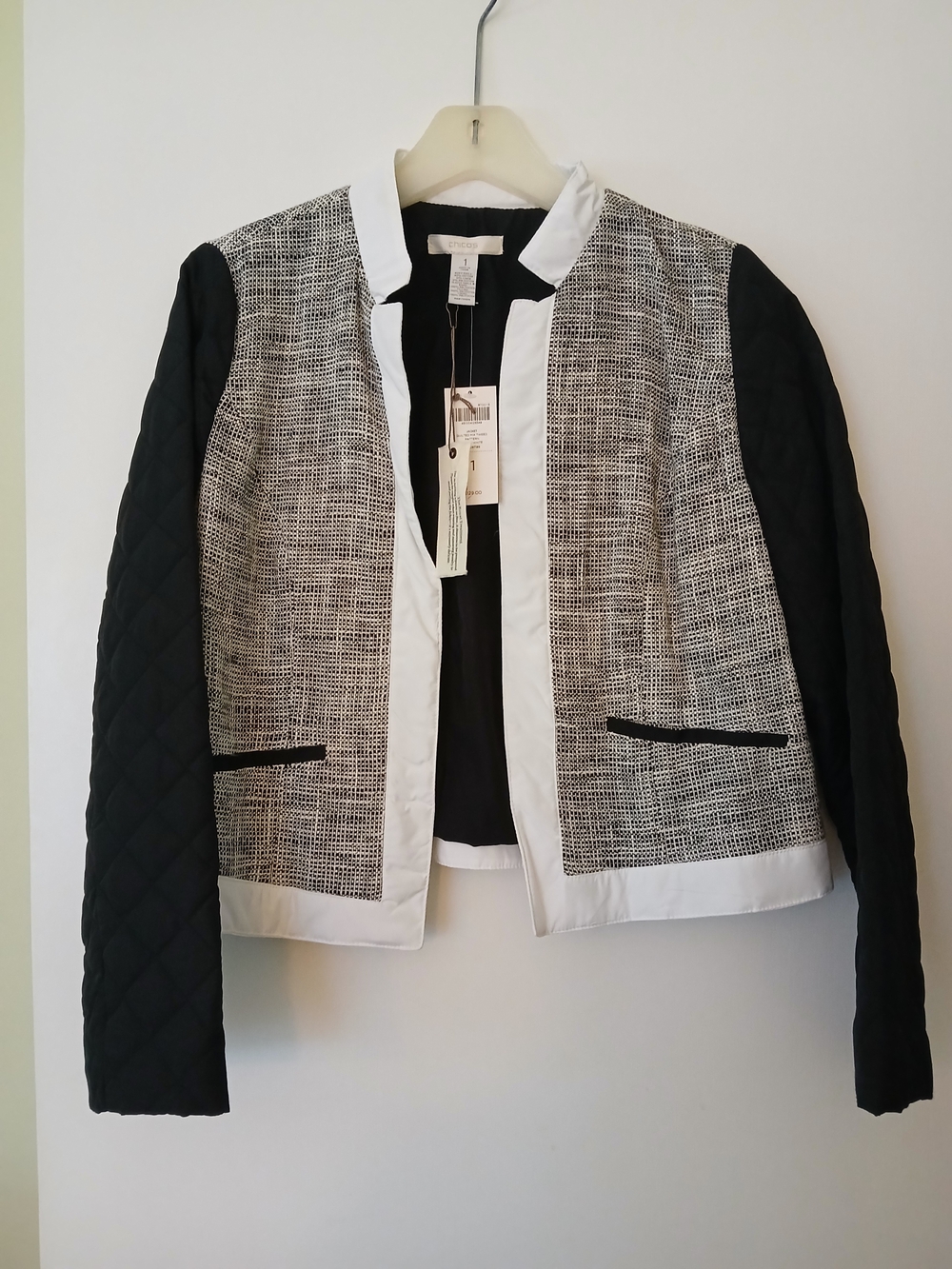 Chico's Black and White Tweed-Front Quilted Sleeve Blazer